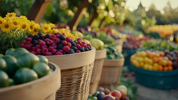 Baskets filled with fresh berries and vegetables at a farmer's market, surrounded by colorful sunflowers in the evening light.