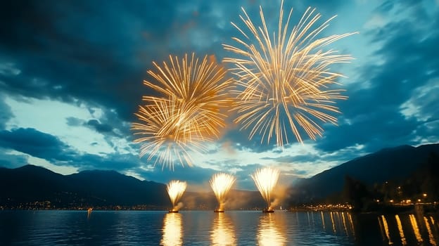 A stunning display of fireworks lights up the night sky over a tranquil lake, celebrating a special occasion.