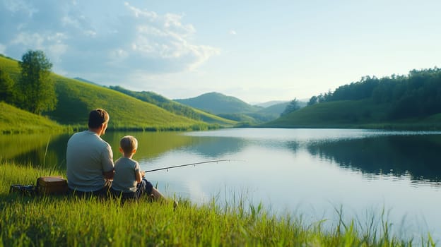 Father and son enjoying a fishing trip in a picturesque landscape, capturing family bonding in nature.