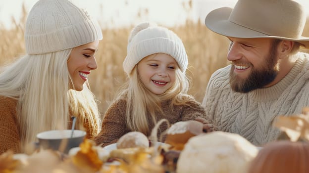 Smiling family dressed warmly, sharing a joyful autumn picnic amidst golden fields.