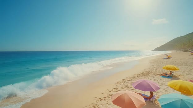 People enjoying a sunny day at the beach with colorful umbrellas and gentle ocean waves in the background.