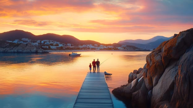 A family enjoys fishing on a scenic pier at sunset, surrounded by breathtaking views of the coastal landscape.