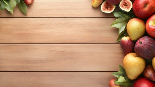 A selection of fresh fruits, including apples, pears, and figs, arranged on a wooden background with copy space.