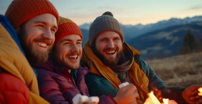 Three friends laugh and enjoy a campfire during sunset, wrapped in warm jackets and hats, sharing joy and adventure.
