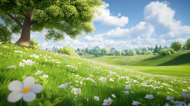 A picturesque meadow with vibrant flowers and lush greenery under a bright blue sky.