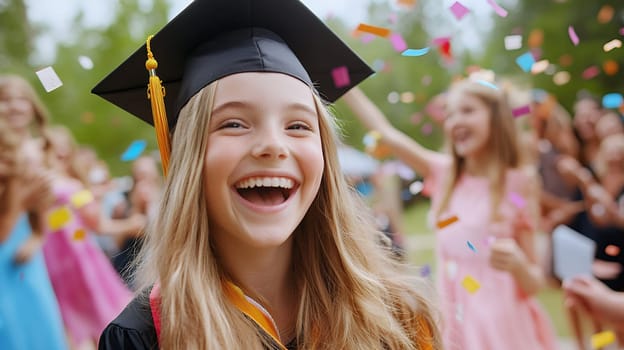 A young graduate in cap and gown laughing joyfully amidst colorful confetti during an outdoor celebration.
