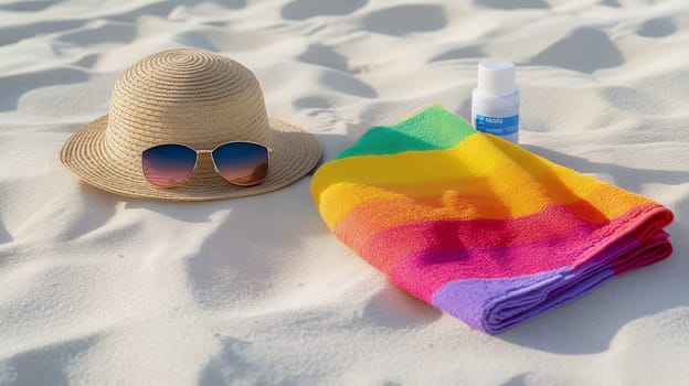 Straw hat, stylish sunglasses and rainbow beach towel with sunscreen bottle on white sand, summer holiday essentials flatlay.