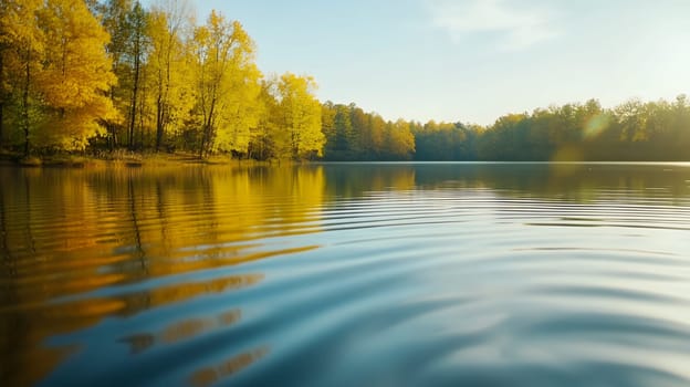 Stunning autumn hues reflect on a calm lake, surrounded by golden trees in peaceful solitude.