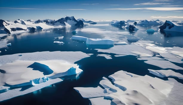 Majestic Antarctica: Sunlit Icebergs and Blue Waters from Above