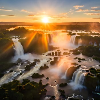 Morning Majesty: Iguazu Falls at Sunrise with Rainbow Mist