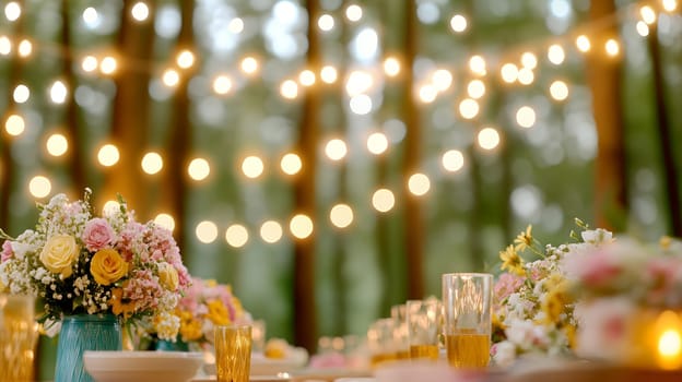 An elegant table setting with flowers and string lights creating a warm, inviting atmosphere for an outdoor gathering.