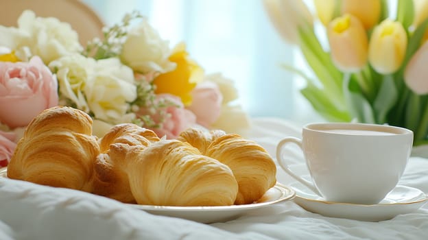 A cozy breakfast in bed with croissants and coffee, surrounded by fresh flowers and morning light.