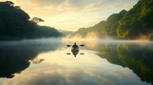 A lone kayaker paddles across a misty lake at dawn, surrounded by lush greenery and tranquil waters.