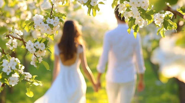 A couple in white attire walks through a sunlit garden of blooming white flowers, symbolizing love and harmony.