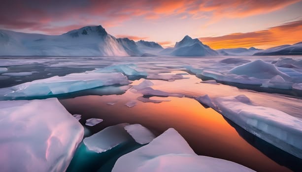 Icy Peaks and Rivers: Arctic Beauty Under the Sunset's Warm Glow