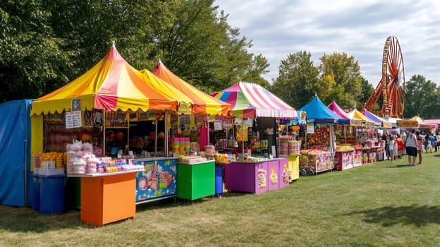 Brightly colored stalls at a carnival with a Ferris wheel in the background, capturing the festive atmosphere.