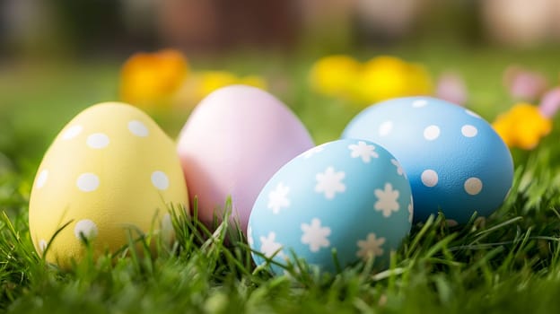 Brightly painted Easter eggs lie nestled in green grass, surrounded by cheerful flowers.