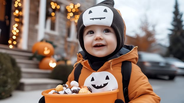 A toddler in Halloween attire holds a candy bucket, with pumpkins and lights in the background.