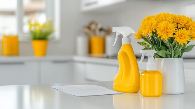 A bright kitchen featuring yellow cleaning supplies and flowers, adding a cheerful touch to the space.