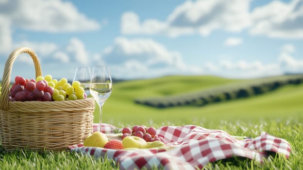 A picnic setup with fruits and wine glasses on a sunny day, capturing the essence of leisure..