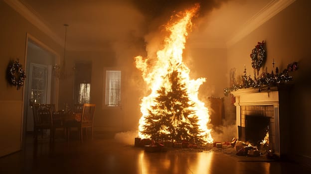 A Christmas tree engulfed in flames in a living room, illustrating the dangers of holiday fire hazards.