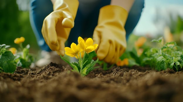 Close up of hands in yellow gloves tending to a vibrant yellow flower in a garden.
