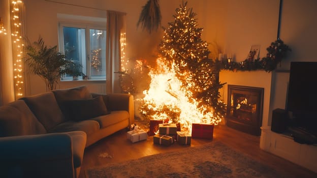 A living room scene with a Christmas tree on fire, demonstrating the risks of festive decorations catching fire.