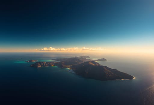 Golden rays of sunlight bathe a distant Pacific archipelago, highlighting rugged shorelines with a warm, breathtaking brilliance.