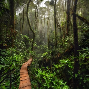 Misty Journeys: Exploring the Wooden Path in Thailand's Lush National Park