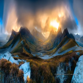 Breathtaking view of glowing skies over dramatic peaks in Arthur’s Pass National Park, South Island, captured during sunset.