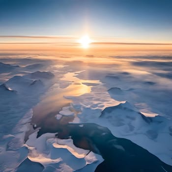 A breathtaking aerial view of polar ice fields bathed in soft golden light as morning sunlight pierces through the mist.