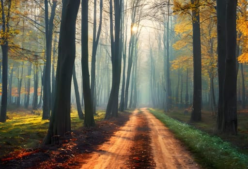 Awakening Autumn: A Panoramic Sunrise in the Forest