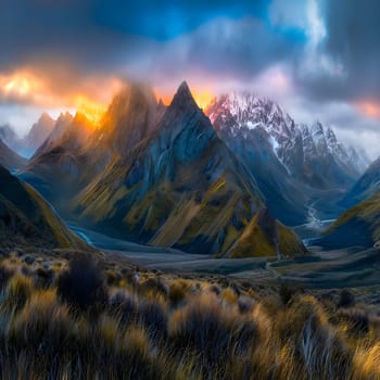 Breathtaking view of glowing skies over dramatic peaks in Arthur’s Pass National Park, South Island, captured during sunset.