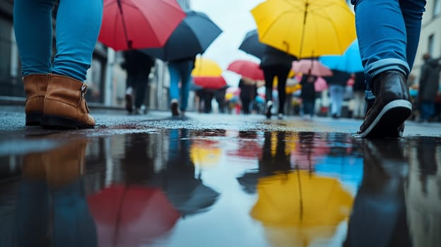People walking with colorful umbrellas in a bustling city, reflected in the wet street, creating a vivid urban scene.