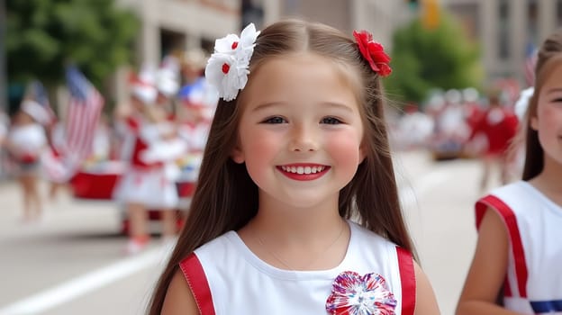A young girl with a bright smile enjoys a parade, dressed in festive red and white attire with floral accents.
