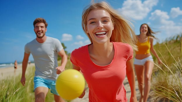 Friends running joyfully on a beach with a yellow ball, enjoying the bright sunny day together.