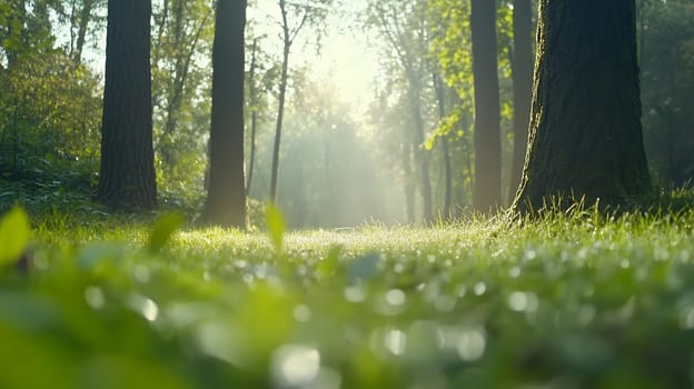 Morning sunlight filters through trees, illuminating the forest floor covered in fresh green grass..