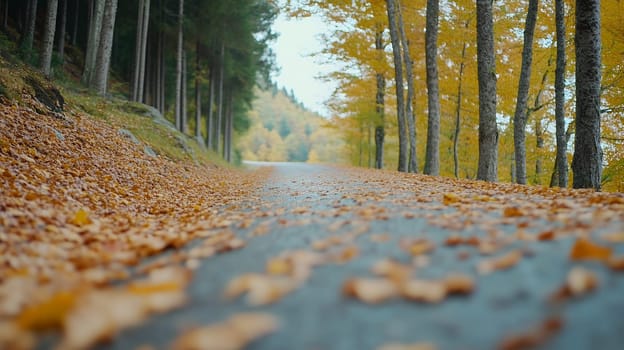 A tranquil forest road blanketed with colorful autumn leaves, creating a serene and peaceful atmosphere.