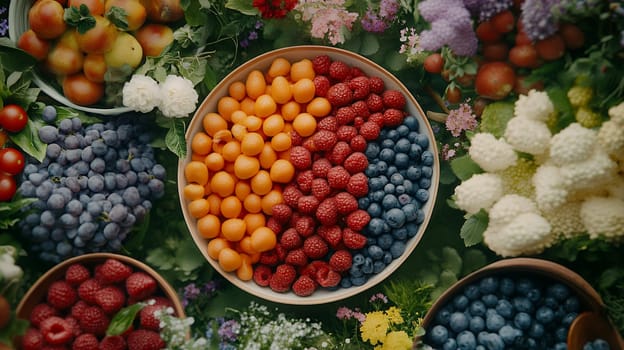 A colorful arrangement of fresh fruits and berries in bowls, creating a vibrant and appetizing presentation.