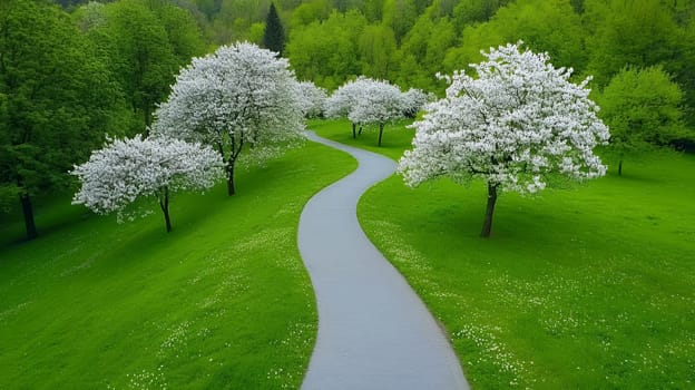 A winding path cuts through a lush green park with blossoming trees, creating a picturesque spring scene.