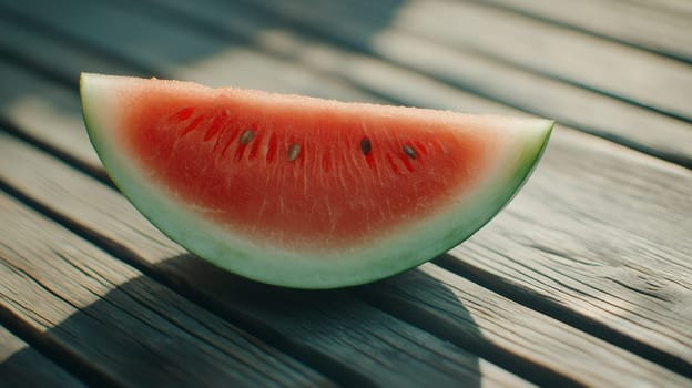 A refreshing slice of watermelon on a wooden table, capturing the essence of summer with its juicy texture.