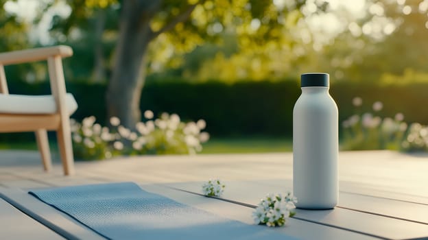A yoga mat and bottle on a sunlit deck, surrounded by flowers, perfect for a peaceful outdoor practice.