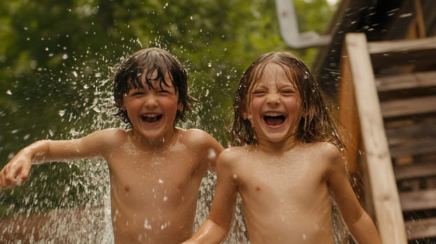 Two boys laughing and splashing water in a playful, carefree moment, embodying the joy of summer fun and friendship.