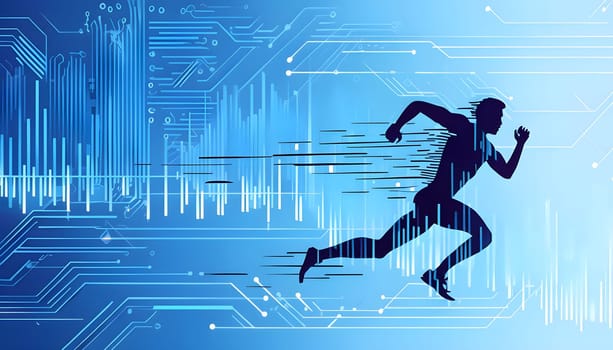 runner silhouette with dynamic vibrant lines showing motion, surrounded by data streams