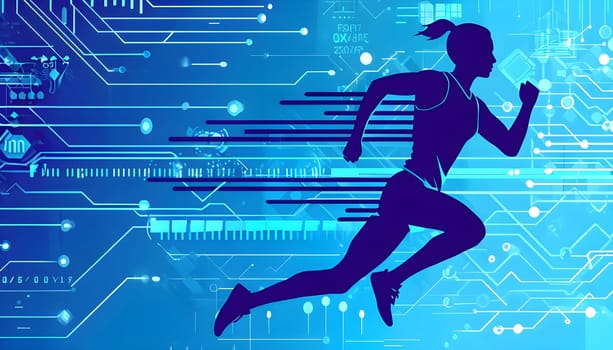 runner silhouette with dynamic vibrant lines showing motion, surrounded by data streams