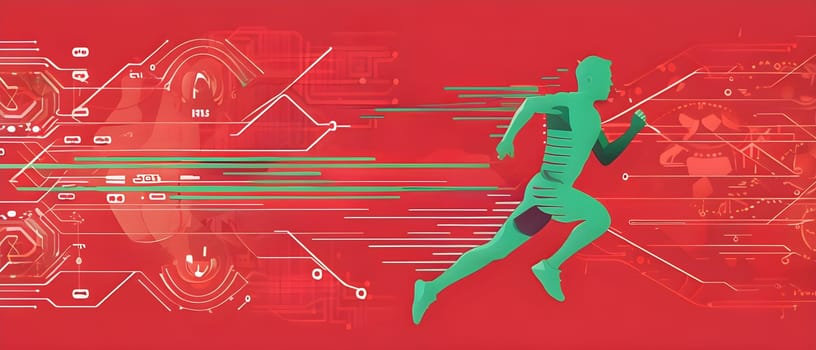 runner silhouette with dynamic vibrant lines showing motion, surrounded by data streams