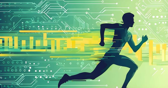 runner silhouette with dynamic vibrant lines showing motion, surrounded by data streams