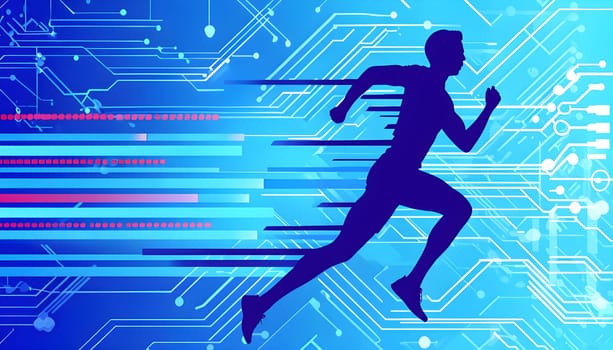 runner silhouette with dynamic vibrant lines showing motion, surrounded by data streams