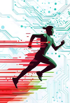 runner silhouette with dynamic vibrant lines showing motion, surrounded by data streams