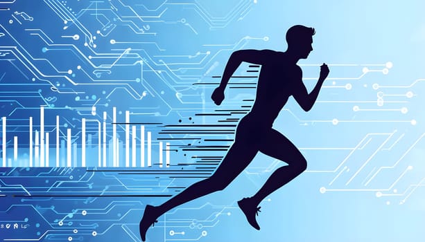 runner silhouette with dynamic vibrant lines showing motion, surrounded by data streams